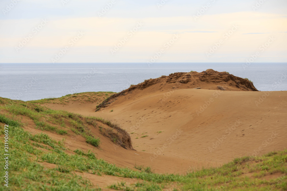 Golden brown dunes overlook Sea of Japan on sunny day