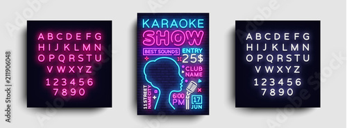Karaoke design poster vector. Karaoke Party Design Template Flyer, Neon Style, Karaoke Show brochure, Neon Banner, Light Flyer, Concert Invitation, Live Music. Vector. Editing text neon sign