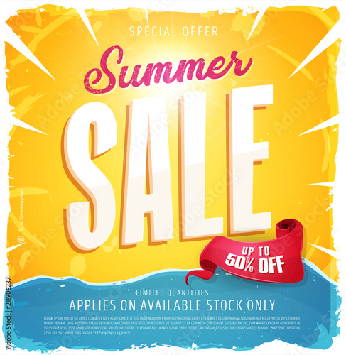 Hot Summer Sale Banner/
Illustration of a summer sale template banner with colorful elements, typography and grunge frame