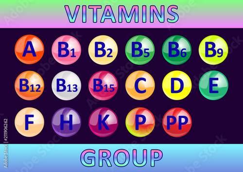 Vitamins group, the list of vitamins in the form of round shiny multi-colored tablets