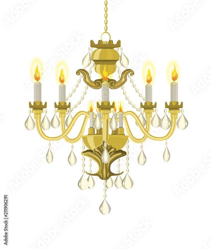 Golden vintage chandelier. Vector chandelier. Chandelier with candles. Vector illustration