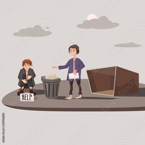 Homeless children asking for help, background cityscape, vector illustration, concept