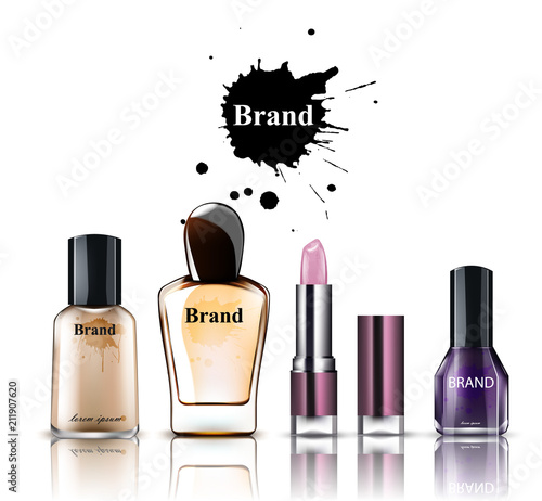 Cosmetics watercolor Vector. Product placement brand collection. Perfume, lipstick, nailpolish, foundations