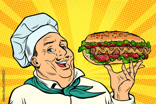 Cook Chef man presentation gesture. hot dog sausage with salad