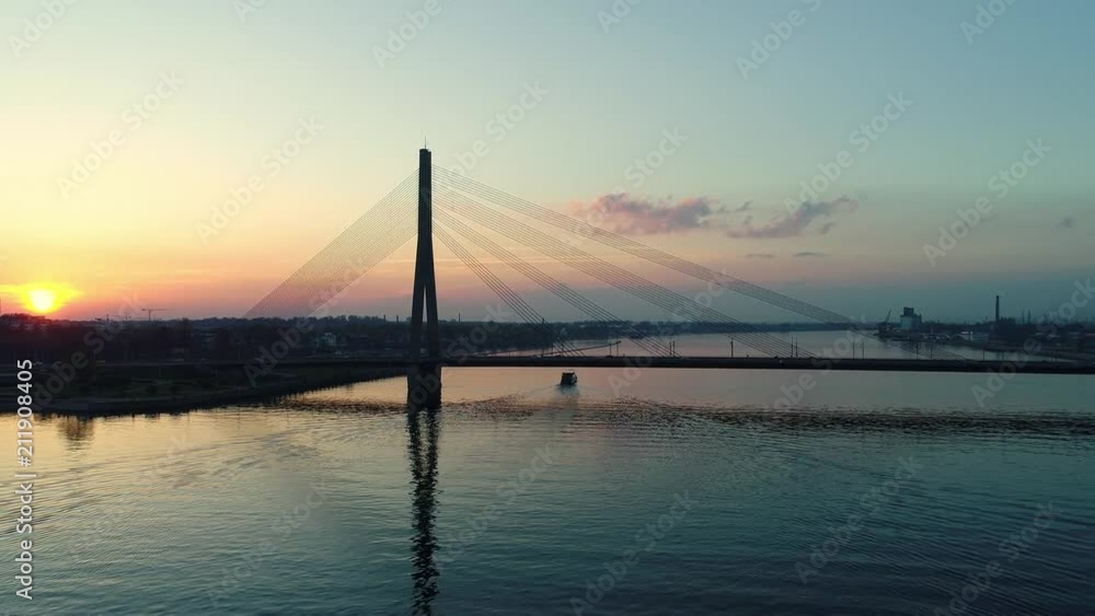 Aerial view of river Daugava and cable-stayed bridge in Riga Latvia Aerial view of river Daugava and cable-stayed bridge in Riga Latvia