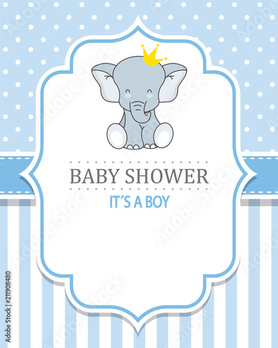 baby shower boy. Cute Elephant with crown. space  for text