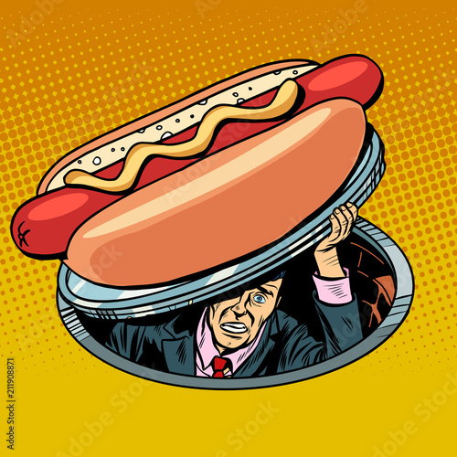 hot dog. man under fast food