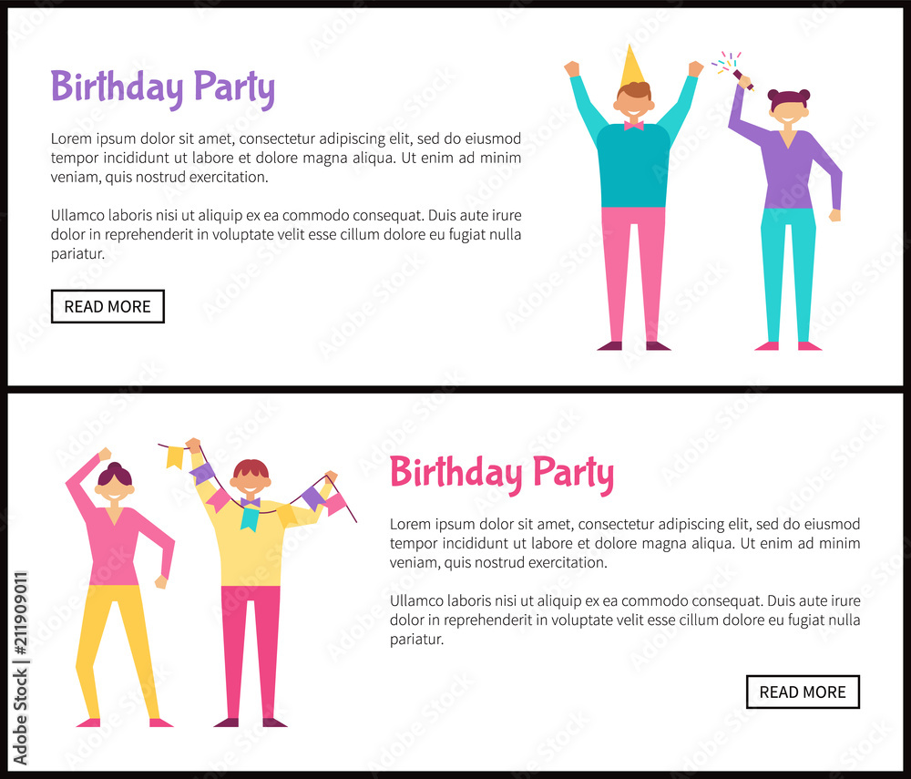 Birthday Party Web Posters Set with Men and Women
