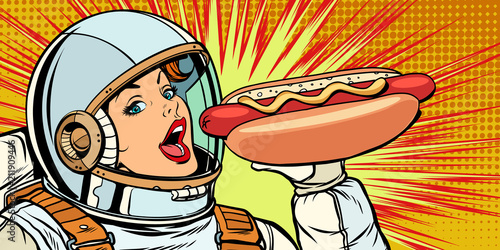 Hungry woman astronaut eating hot dog sausage