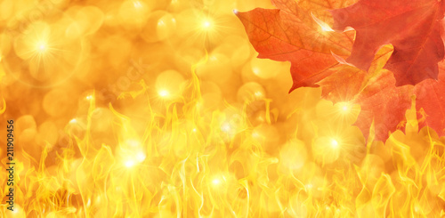 orange background with maple leaves and flame tips
