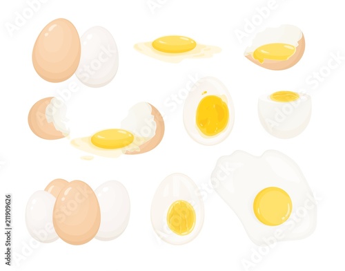 Collection of raw, boiled and fried eggs, peeled and covered with eggshell. Bundle of delicious high-protein food products isolated on white background. Realistic colorful vector illustration.