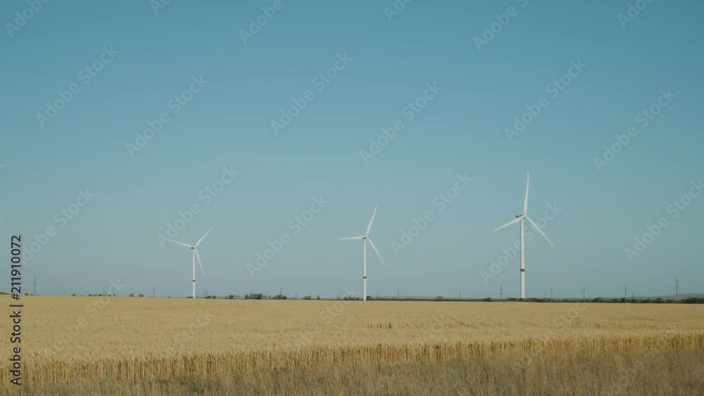 Wind turbines on the field of oats, nature, alternative energy sources.
Wind turbines on the field of oats, nature, alternative energy sources.