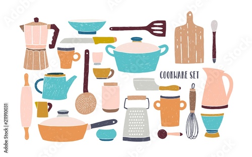 Collection of glassware, kitchenware and cookware. Set of kitchen utensils for home cooking and tools for food preparation isolated on white background. Colored vector illustration in doodle style.