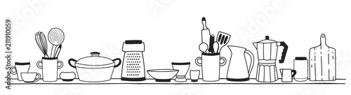 Home kitchen utensils for cooking, tools for food preparation or cookware standing on shelf hand drawn with black contour lines on white background. Vector illustration in monochrome colors.