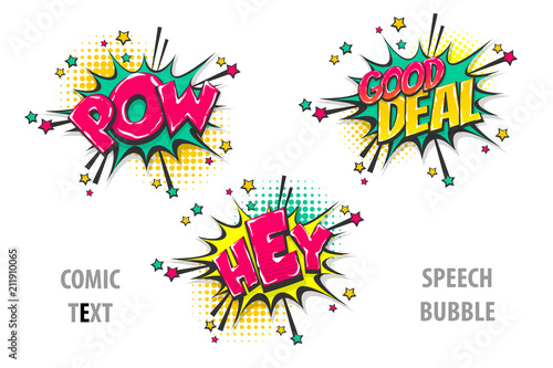 pow, hey good deal pop art style set hand drawn sound effects template comics book text speech bubble. Halftone dot background.