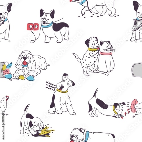 Seamless pattern with cute dogs demonstrating bad habits and behavior. Backdrop with naughty domestic animals, mischievous pets. Colorful hand drawn vector illustration for wrapping paper, wallpaper.