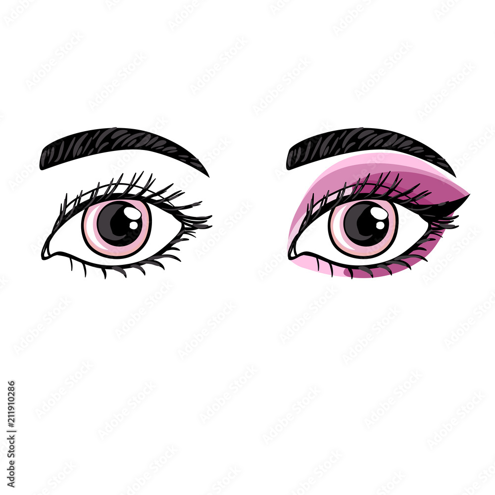 Vector Hand drawing female eye before and after makeup. Vector Hand drawing female eye before and after makeup.
