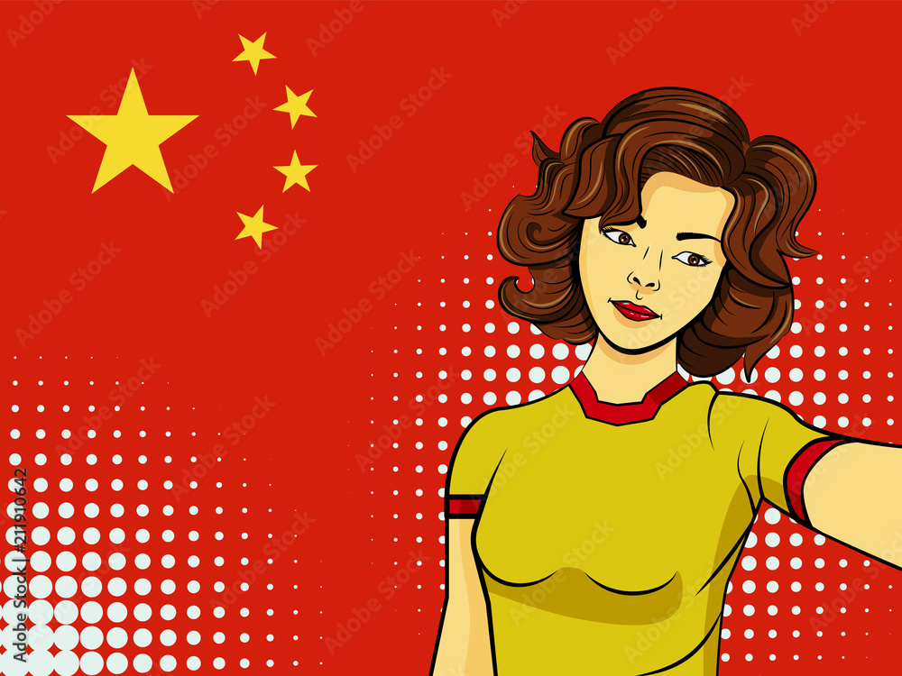 Asian woman taking selfie photo in front of national flag China in pop art style illustration. Element of sport fan illustration for mobile and web apps Asian woman taking selfie photo in front of national flag China in pop art style illustration. Element of sport fan illustration for mobile and web apps