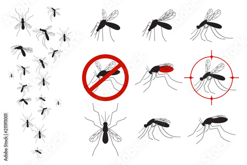 Mosquitoes and gnats vector set of flying insects and stop sign isolated on white background.