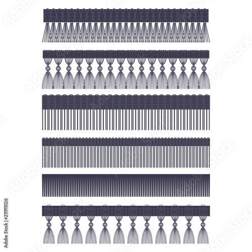 Fringe edge with brush and tassel trim vector flat set of seamless borders isolated on a white background. photo