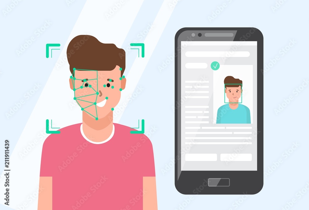 Smartphone with portrait of smiling man sitting beside on screen. Facial recognition technology or software, verification and identification of person. Flat cartoon colorful vector illustration. Smartphone with portrait of smiling man sitting beside on screen. Facial recognition technology or software, verification and identification of person. Flat cartoon colorful vector illustration.