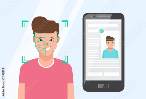 Smartphone with portrait of smiling man sitting beside on screen. Facial recognition technology or software, verification and identification of person. Flat cartoon colorful vector illustration.