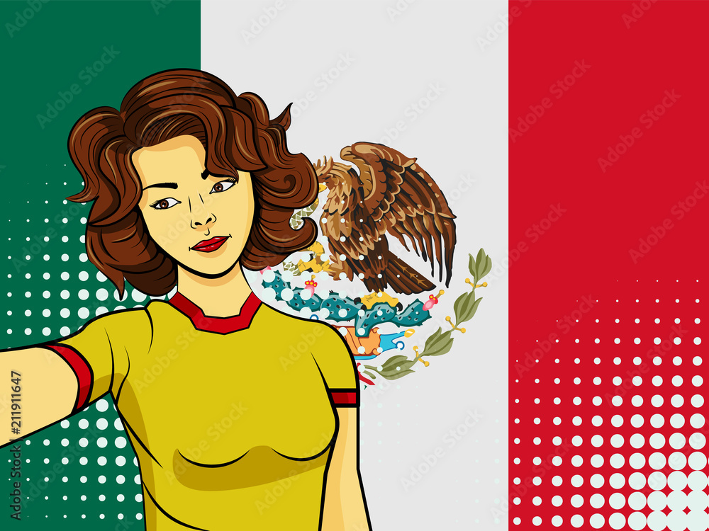 Asian woman taking selfie photo in front of national flag Mexico in pop art  style illustration. Element of sport fan illustration for mobile and web  apps Stock Vector | Adobe Stock