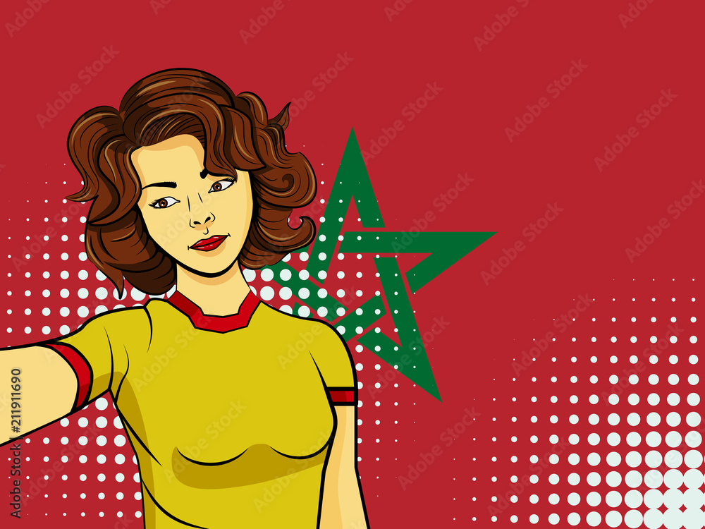 Fototapeta Asian woman taking selfie photo in front of national flag Morocco in pop art style illustration. Element of sport fan illustration for mobile and web apps