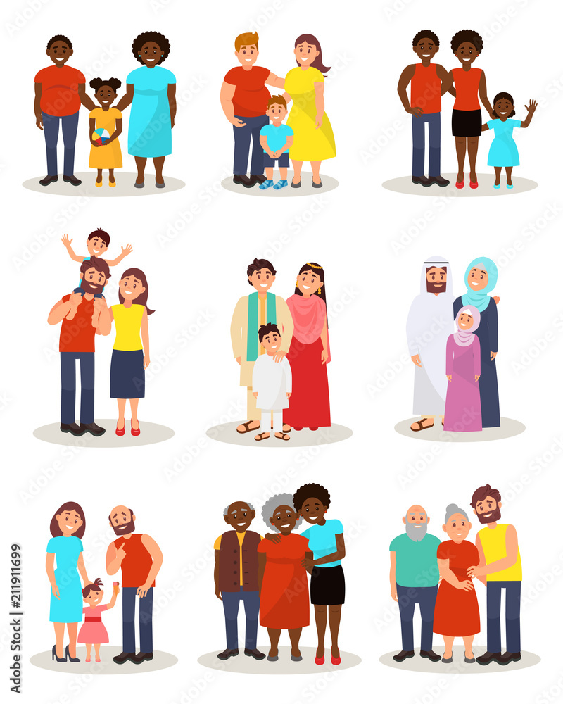 Happy families of different nationalities from different countries set, parents and their children in national and casual clothes stanfing together vector Illustrations