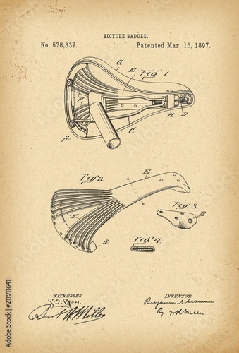 1897 Patent Velocipede Saddle Bicycle archive history invention photo