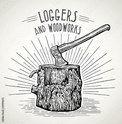 Ax stuck in a wooden stump illustration in a graphic style