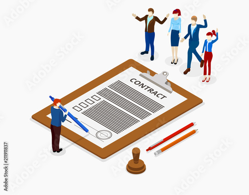 Sign a contract. Isometric illustration with employees and document.