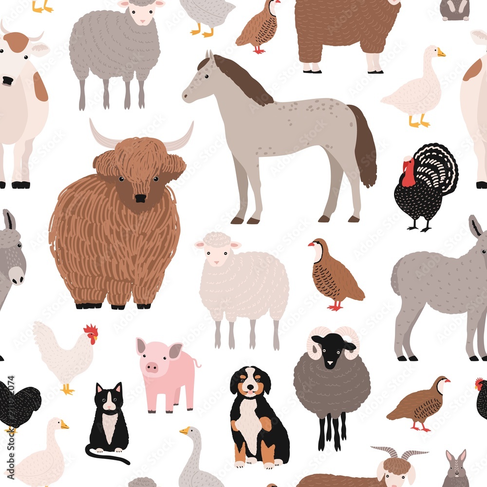 Seamless pattern with domestic farm barnyard animals and birds on white background. Backdrop with livestock and fowl. Cartoon hand drawn vector illustration for wrapping paper, textile print.