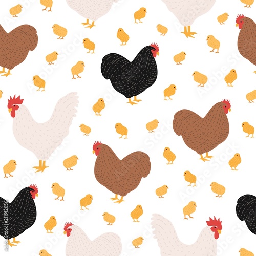 Seamless pattern with domestic birds or farm poultry on white background - cock and chicken, rooster, hen and chicks. Cartoon hand drawn vector illustration for wrapping paper, textile print.