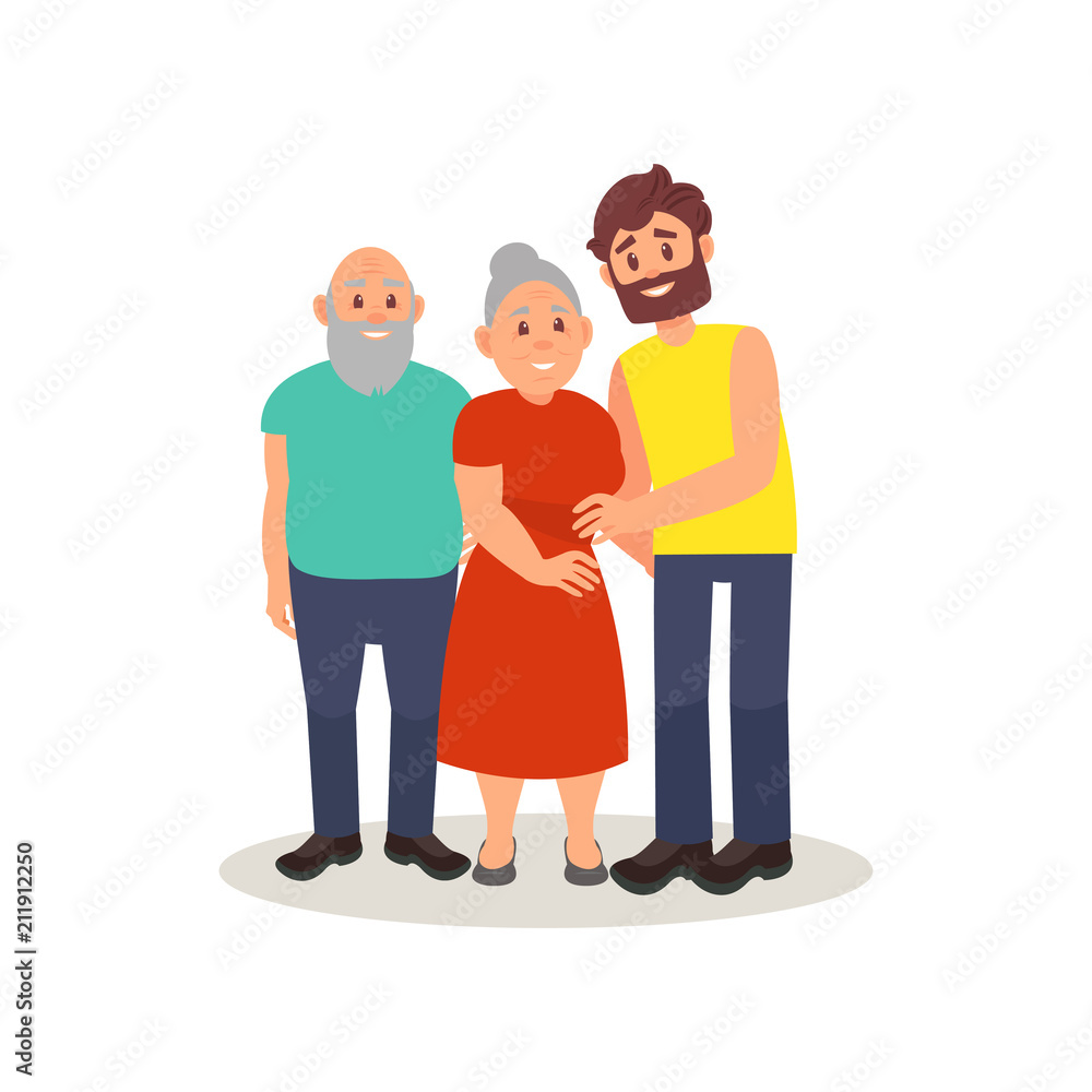 Smiling elderly couple and their adult son posing together, happy family concept vector Illustration on a white background