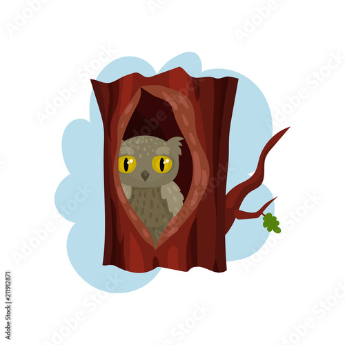 Cute owlet sitting in hollow of tree, hollowed out old tree and owl inside vector Illustration on a white background
