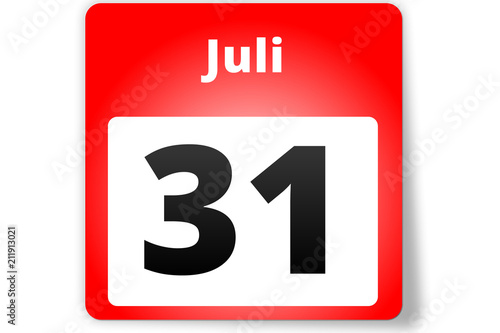 31 Juli Datum Kalender auf weißem Hintergrund