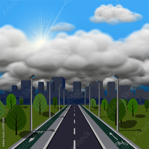 Thunderstorm is coming vector illustration. Straight empty road through the countryside with bike lane.
