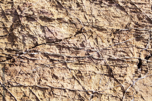 Cracked and weathered natural stone background. Bright color of the stone contrasts very well with the cracks and with the shadows of stone fibers, creating a clear pattern.