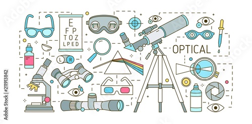 Creative horizontal banner template with various optical devices, dispersive prism, glasses, human eye, optic lenses on white background. Colorful vector illustration in modern line art style.