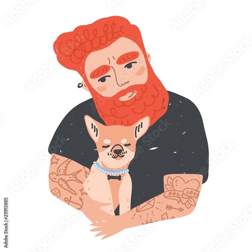Portrait of cute redhead bearded man with tattoos holding his dog or puppy. Funny male cartoon character embracing domestic animal. Adorable pet owner. Colorful vector illustration in flat style.