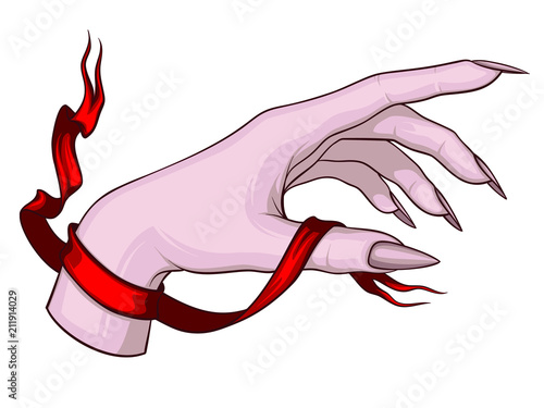 Hands with red ribbon. Vector illustration