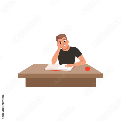 Young man sitting at the desk and reading book, student in learning process vector Illustration on a white background
