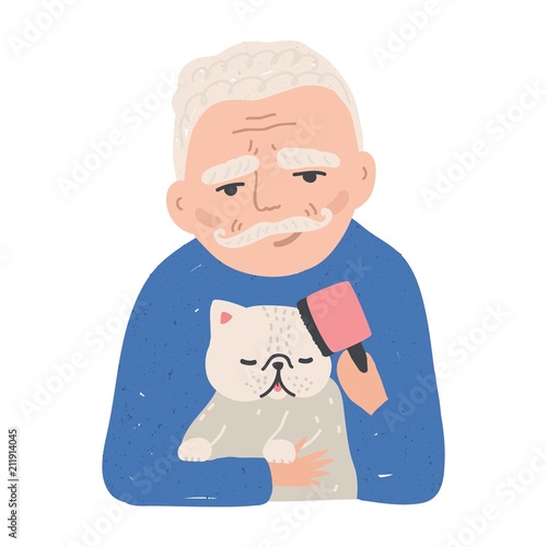 Portrait of elderly man holding his cat or kitten and brushing it with comb. Cute male cartoon character cuddling domestic animal. Lovely pet owner. Colorful vector illustration in flat style.