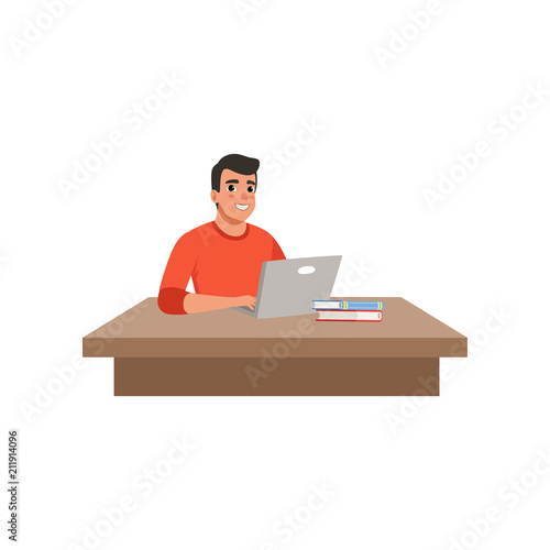 Guy sitting at the desk and studying using his laptop computer, student in learning process vector Illustration on a white background