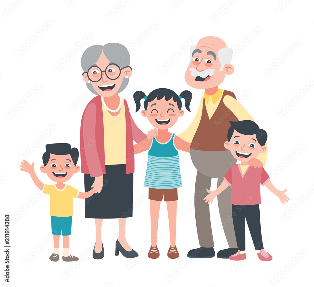 Grandparents and three grandchildren portrait. Grandparents day concept.  Vector illustration in cartoon style, isolated on white background. Stock  Vector | Adobe Stock