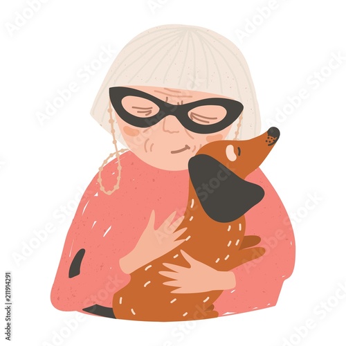 Portrait of old lady or woman holding his dachshund dog and hugging. Beautifu...