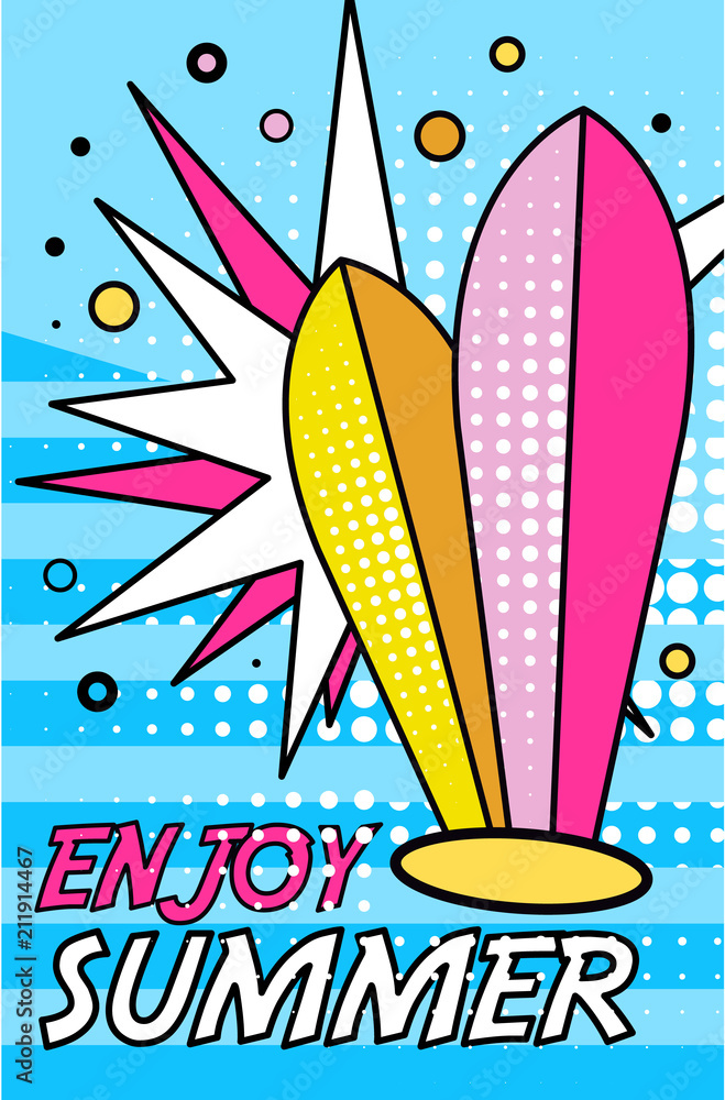 Hello Summer banner, bright retro pop art style poster with surfboards vector Illustration