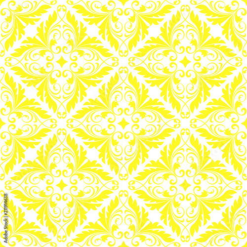Wallpaper in the style of Baroque. Seamless vector background. White and yellow floral ornament. Graphic pattern for fabric, wallpaper, packaging. Ornate Damask flower ornament
