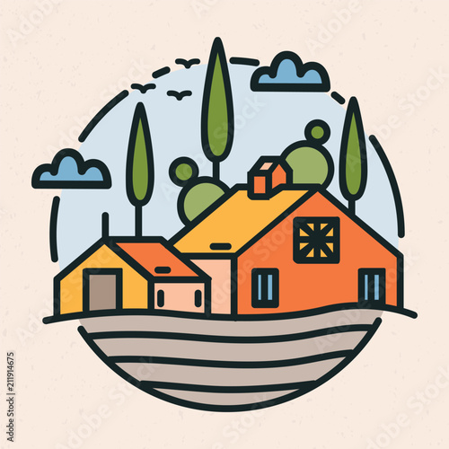 Circular logotype with village landscape, barn or ranch building and cultivated field in linear style